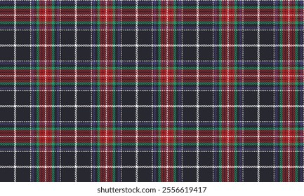 Plaid fabric pattern, navy blue, red, green, white, distinctive cross lines, seamless for textiles, and for designing clothes, skirts or decorative fabrics. Vector illustration.