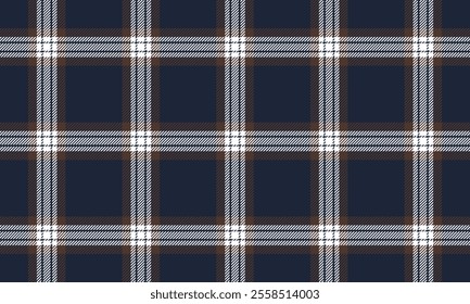 Plaid fabric pattern, navy blue, brown, white, modern bold seamless for textile and design clothes skirt pants apron tablecloth blanket or decoration. Vector illustration.