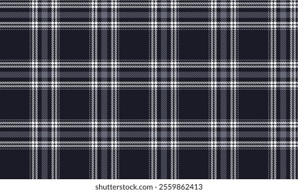 Plaid fabric pattern, navy blue, white, seamless for textiles, and for designing everyday clothes, skirts, or decorative fabrics. Vector illustration.