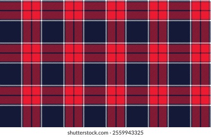 Plaid fabric pattern, navy blue, red, white, distinctive lattice cross lines, seamless for textiles, and for designing clothes, skirts or decorative fabrics. Vector illustration.