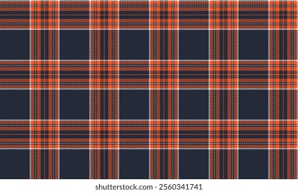 Plaid fabric pattern, navy blue, orange, white, distinctive cross lines, seamless for textiles, and for designing clothes, skirts, pants or decorative fabrics. Vector illustration.