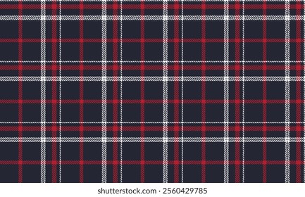 Plaid fabric pattern, navy blue, red, white, prominent cross lines, seamless for textiles, and for designing clothes, skirts or decorative fabrics. Vector illustration.