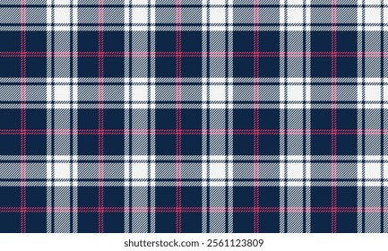 Plaid fabric pattern, navy blue, white, pink, seamless for textile and design clothes skirt pants apron tablecloth blanket or decoration. Vector illustration.