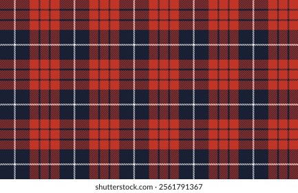 Plaid fabric pattern, navy blue, orange, white, seamless for textile and design clothes skirt pants apron tablecloth blanket or decoration fabric. Vector illustration.