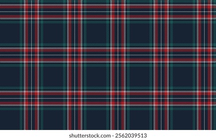 Plaid fabric pattern, navy blue, red, green, white, bright contrasting lines, seamless for textiles, and for designing clothes, skirts or decorative fabrics. Vector illustration.