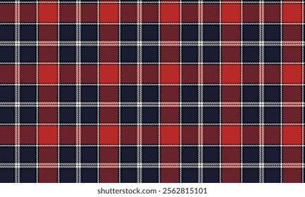 Plaid fabric pattern, navy blue, red, white, distinctive cross lines pattern, seamless for textiles, and for designing clothes, skirts or decorative fabrics. Vector illustration.