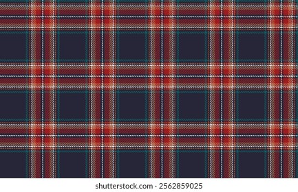 Plaid fabric pattern, navy blue, red, yellow, white, beautiful distinctive cross lines, seamless for textiles, and for designing clothes, skirts, pants or decorative fabrics. Vector illustration.