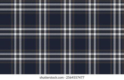 Plaid fabric pattern, navy blue, brown, white, seamless for textiles, and for designing clothes, skirts, pants or decorative fabrics. Vector illustration.