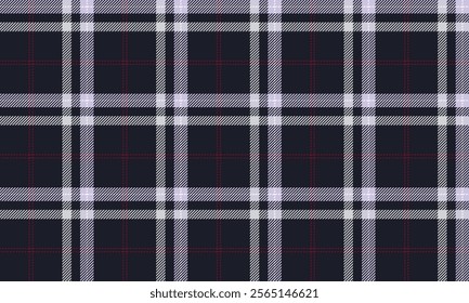 Plaid fabric pattern, navy blue, white, red, distinctive lattice cross lines, seamless for textiles, and for designing clothes, skirts, pants or decorative fabrics. Vector illustration.