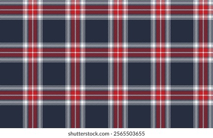 Plaid fabric pattern, navy blue, red, white, striking cross lines, seamless for textiles, and for designing clothes, skirts or decorative fabrics. Vector illustration.