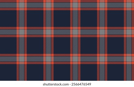 Plaid fabric pattern, navy blue, orange, gray, beautiful seamless lattice cross lines for textiles, and for designing clothes, skirts or decorative fabrics. Vector illustration.