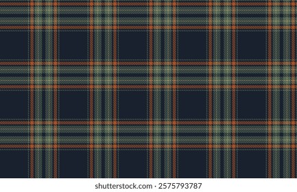 Plaid fabric pattern, navy blue, green, orange, distinctive lattice cross lines, seamless for textiles, and for designing clothes, skirts, pants or decorative fabrics. Vector illustration.