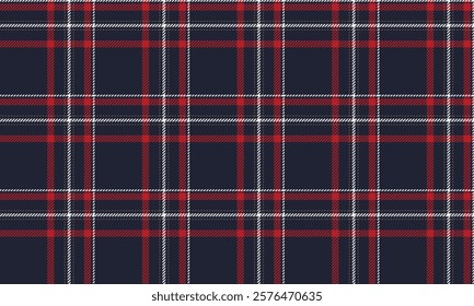 Plaid fabric pattern, navy blue, red, white, cross lines, seamless checkerboard pattern for textiles, and for designing clothes, skirts, pants, or decorative fabrics. Vector illustration.