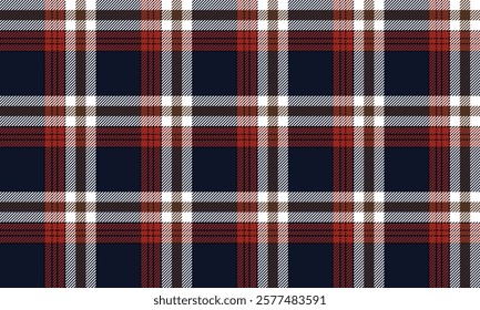 Plaid fabric pattern, navy blue, orange, white, brown, seamless for textiles, and for designing clothes, skirts, pants or decorative fabrics. Vector illustration.