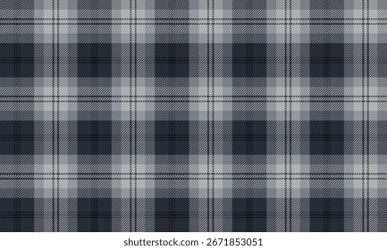 Plaid fabric pattern, navy blue, gray, black, seamless for textiles, and for designing clothes, skirts, pants, dresses or decorative fabrics. Vector illustration.
