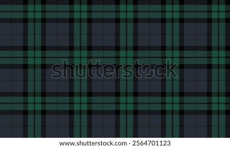 Plaid fabric pattern, navy blue, black, green, bright lattice cross lines pattern, seamless for textiles, and for designing clothes, skirts or decorative fabrics. Vector illustration.