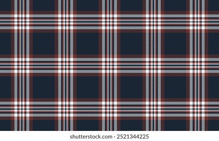Padrão de tecido xadrez, azul marinho, marrom, branco, laranja, sem costura para tecidos e para projetar roupas, saias ou tecidos decorativos. Ilustração vetorial.