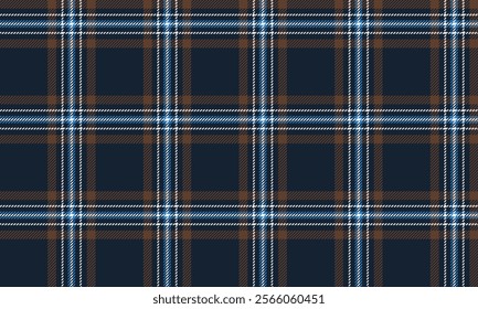 Plaid fabric pattern, navy, brown, white, modern lattice cross lines seamless for textiles, and for designing clothes, skirts or decorative fabrics. Vector illustration.