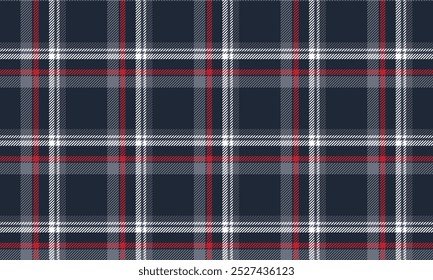 Plaid fabric pattern, navy, gray, red, white, striking modern luxury seamless for textiles, and for designing clothes, skirts, pants or decorative fabrics. Vector illustration.