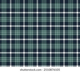 Plaid fabric pattern, navy, green, white, seamless for textile and design clothes skirt pants apron tablecloth blanket or decoration. Vector illustration.