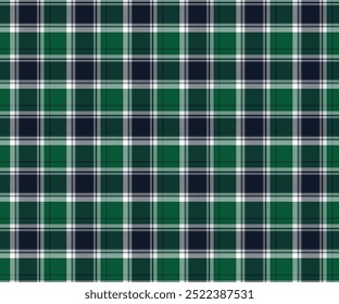 Plaid fabric pattern, navy, green, white, striking fresh natural checkered lines, seamless for textiles, and for designing clothes, skirts, pants or decorative fabrics. Vector illustration.