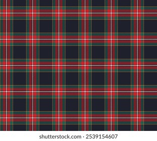 Plaid fabric pattern, navy, green, red, yellow, seamless elegant cross lines for textiles, and for designing clothes, skirts or decorative fabrics. Vector illustration.