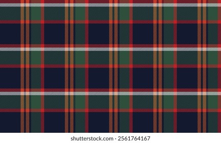 Plaid fabric pattern, navy, green, red, white, orange, modern cross lines pattern, seamless for textile, and for designing clothes, skirts or decorative fabric. Vector illustration.