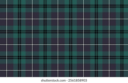 Plaid fabric pattern, navy, green, black, white, seamless for textiles, and for designing modern clothes, skirts, or decorative fabrics. Vector illustration.