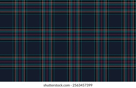 Plaid fabric pattern, navy, green, red, yellow, seamless for textile and design clothes skirt pants apron tablecloth blanket or decoration. Vector illustration.