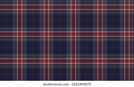 Plaid fabric pattern, navy, red, white, gray, distinctive cross lines, seamless for textiles, and for designing clothes, skirts, casual wear, or decorative fabrics. Vector illustration.