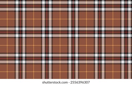 Plaid fabric pattern, orange, black, white, yellow, modern distinctive cross lines pattern, seamless for textiles, and for designing clothes, skirts or decorative fabrics. Vector illustration.