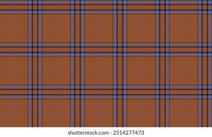 Plaid fabric pattern, orange, blue, black, seamless for textile and design clothes skirt pants apron tablecloth blanket or decoration fabric. Vector illustration.