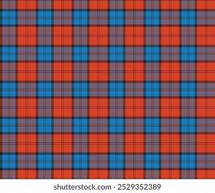 Plaid fabric pattern, orange, blue, black, seamless for textile and design clothes skirt pants apron tablecloth blanket or decoration. Vector illustration.