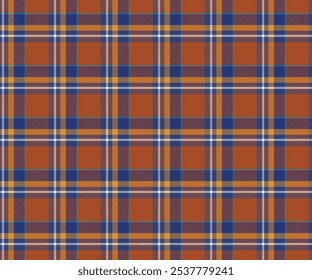 Plaid Stoffmuster, orange, blau, gelb, weiß, nahtlos für Textilien, und für die Gestaltung von Alltagskleidung, Röcken, Hosen oder dekorativen Stoffen. Vektorgrafik.