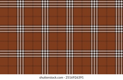 Plaid fabric pattern, orange, brown, white, striking seamless pattern for textiles, and for designing clothes, skirts, pants or decorative fabrics. Vector illustration.