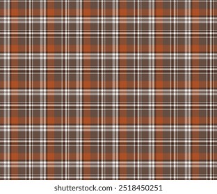 Plaid fabric pattern, orange, brown, white, striking seamless pattern for textiles, and for designing clothes, skirts, pants or decorative fabrics. Vector illustration.
