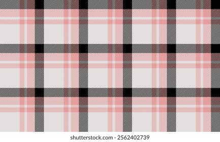 Plaid fabric pattern, pink, black, white, seamless for textiles, and for designing clothes, skirts, casual wear, or decorative fabrics. Vector illustration.