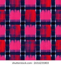 Plaid fabric pattern, pink and navy plaid, grunge lines ikat pattern, striped seamless pattern, Vector illustration background for print the paper.