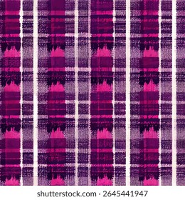 Geplakte stof patroon, roze en paars geplakt met witte lijnen. grunge lijnen ikat patroon, ikat naadloos patroon, Vector illustratie achtergrond voor het afdrukken van het papier.