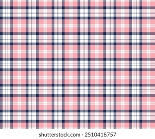 Padrão de tecido xadrez, rosa, branco, azul, sem costura para roupas têxteis e design calças de saia avental cobertor de toalha de mesa ou decoração. Ilustração vetorial.