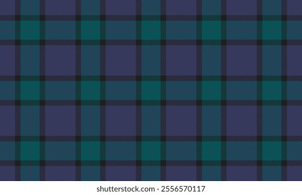 Plaid fabric pattern, purple, black, green, fashionable seamless for textile and clothing design, skirt, pants, apron, tablecloth, blanket or decoration. Vector illustration.