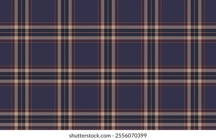 Plaid fabric pattern, purple, cream, navy, brown, modern luxury seamless for textile, and for designing clothes, skirts or decorative fabric. Vector illustration.