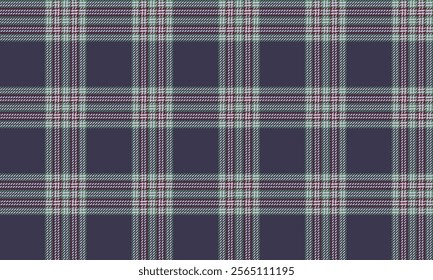 Plaid fabric pattern, purple, green, white, cross lines, seamless for textiles, and for designing clothes, skirts, tablecloths or decorative fabrics. Vector illustration.