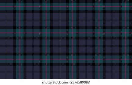 Plaid fabric pattern, purple, green, black, pink, seamless for textiles, and for designing clothes, skirts, blankets, or decorative fabrics. Vector illustration.