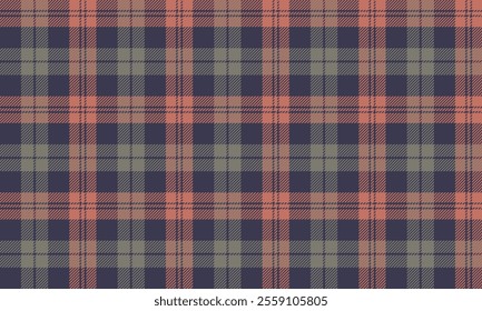 Plaid fabric pattern, purple, orange, green, seamless for textile and design clothes skirt pants apron tablecloth blanket or decoration. Vector illustration.