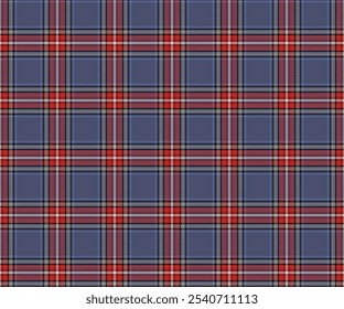 Plaid fabric pattern, purple, red, white, black, blue. Fashionable seamless cross lines pattern for textiles, and for designing clothes, skirts, pants or decorative fabrics. Vector illustration.