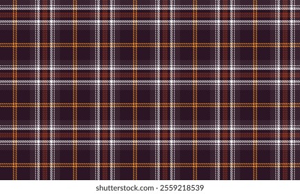 Plaid fabric pattern, purple, white, orange, distinctive cross lines, seamless for textiles, and for designing clothes, skirts or decorative fabrics. Vector illustration.