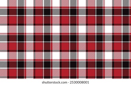 Plaid fabric pattern, red, black, white, seamless for textile and design clothes skirt pants apron tablecloth blanket or decoration. Vector illustration.