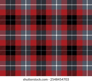 Plaid fabric pattern, red, black, gray, white, modern distinctive cross lines, seamless for textiles, and for designing clothes, skirts or decorative fabrics. Vector illustration.