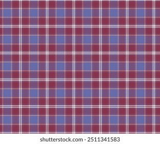 Plaid fabric pattern, red, blue, white, seamless for textile and design clothes skirt pants apron tablecloth blanket or decoration. Vector illustration.